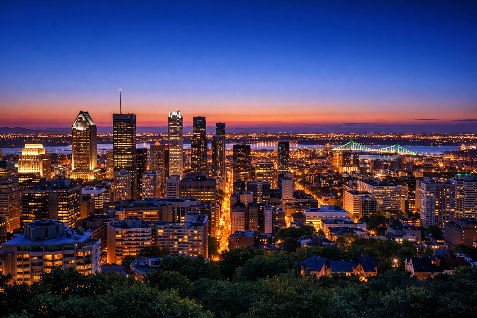 Sunrise over the Montreal skyline from Mount Royal, symbolizing the city's new status as a 24-hour global destination.