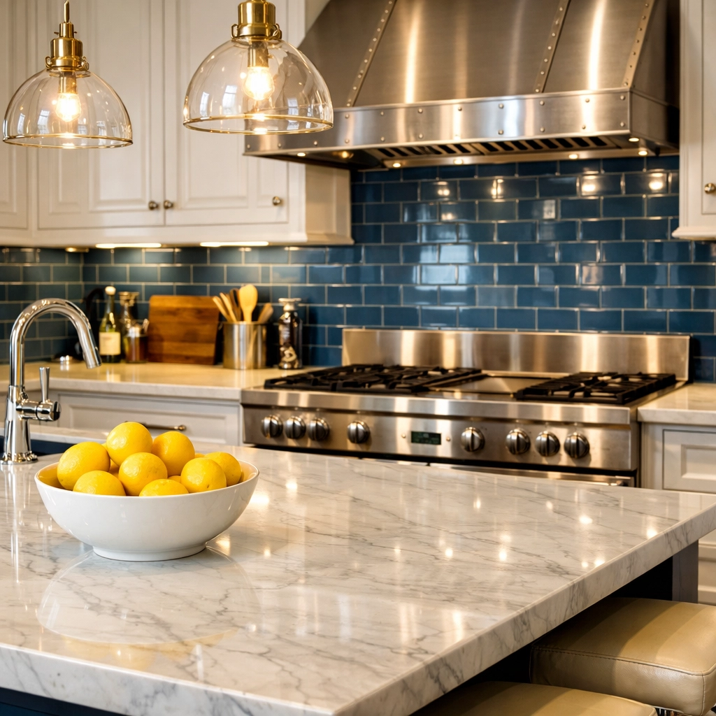 Luxury Hamilton home cleaning for a gourmet kitchen with gleaming marble and fingerprint-free appliances.