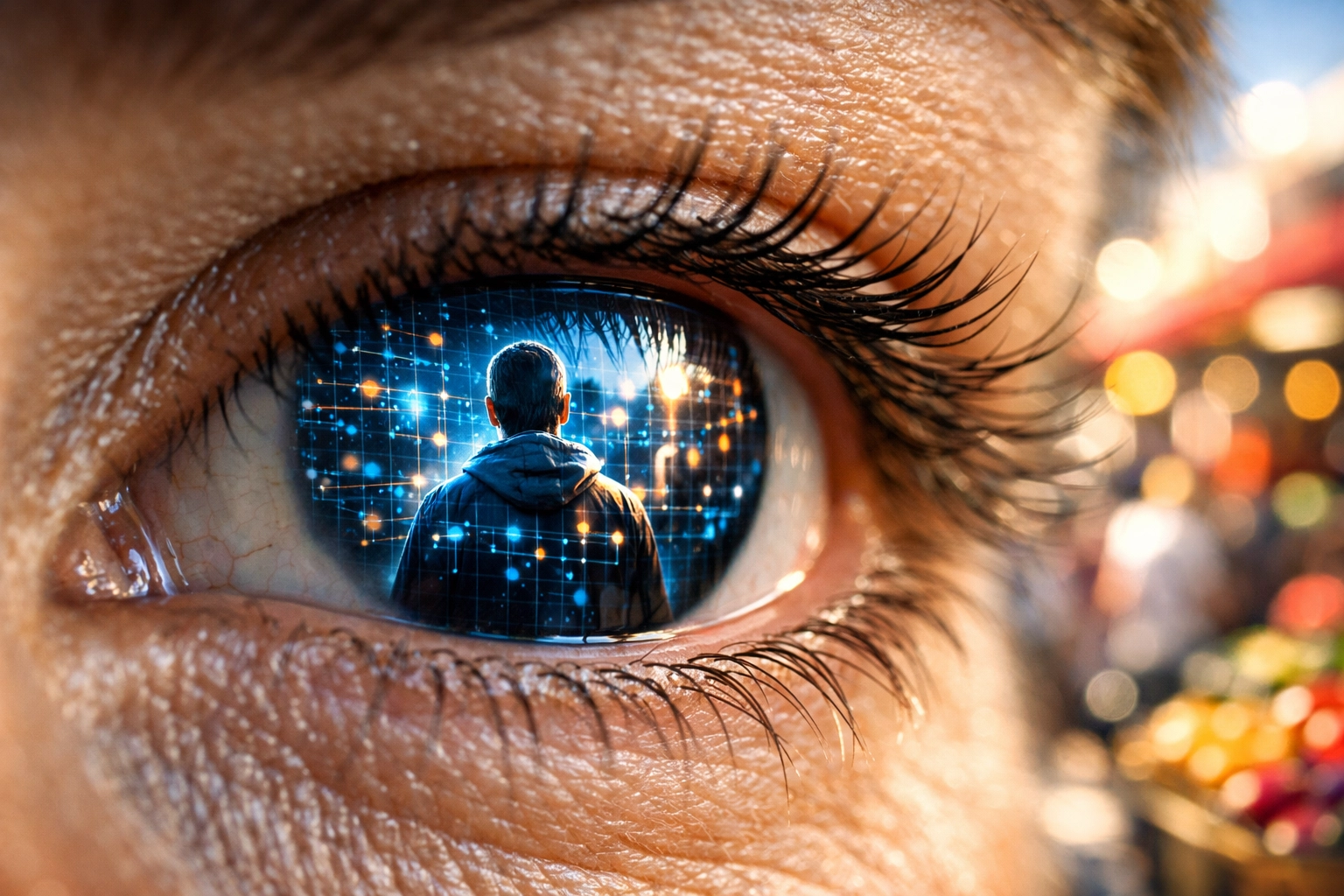 A macro view of an eye reflecting a digital AI avatar against a blurred background of a real-world market.