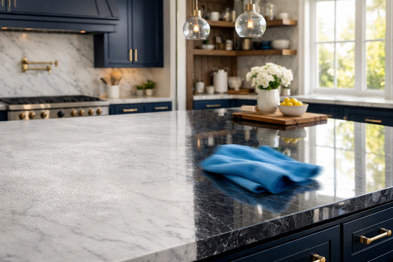 Professional post construction cleaning in a Littleton kitchen showing dust removal on a marble island.