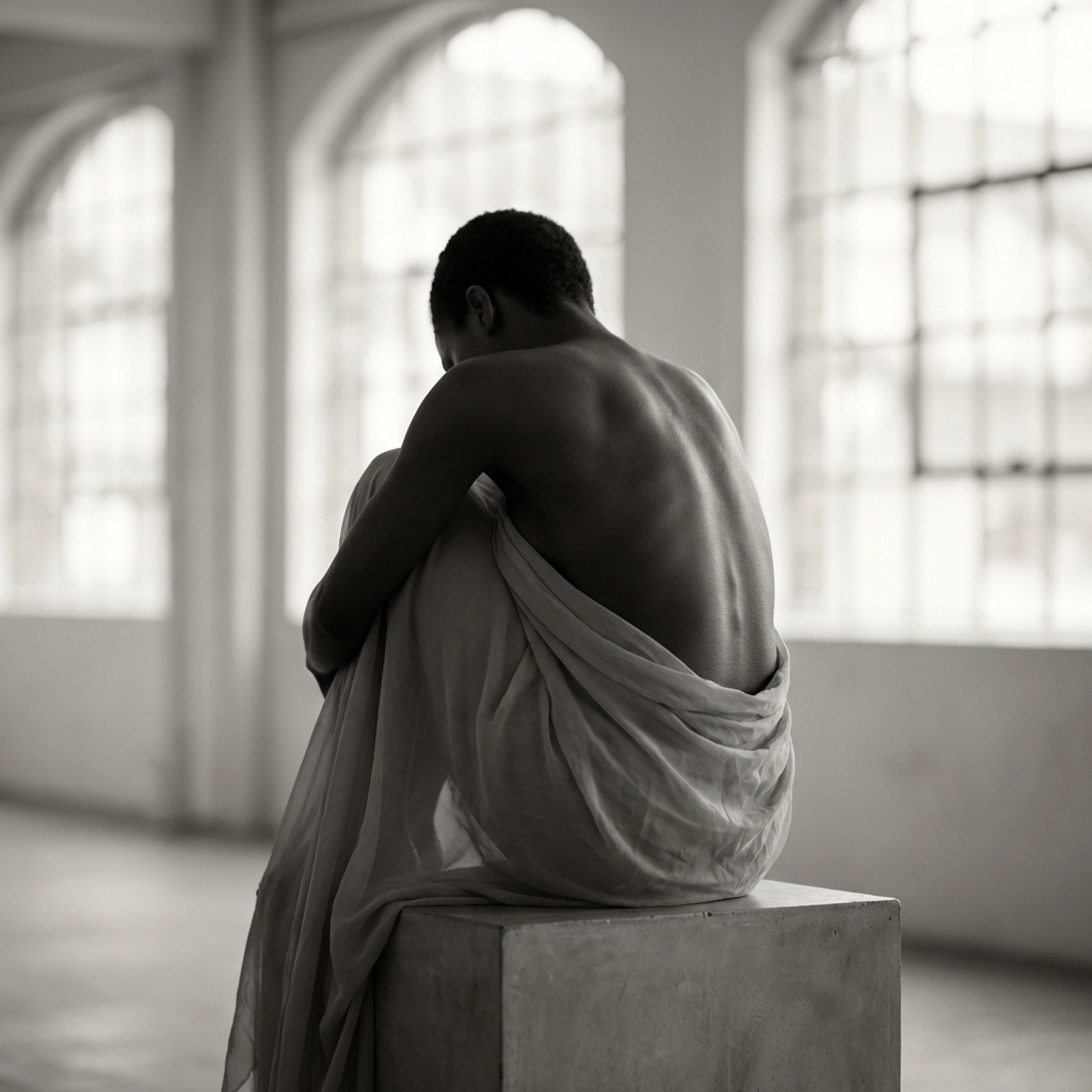 Black woman posing in studio showing professional fine art nude photography technical settings.