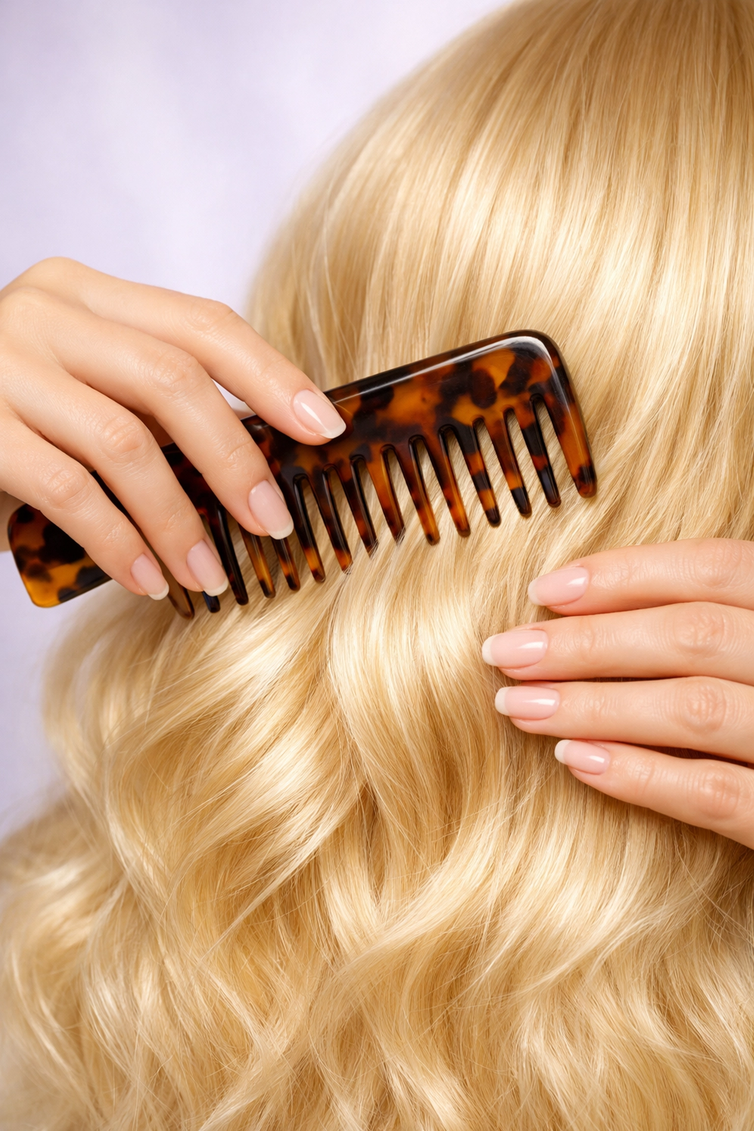 Gently detangling a honey-blonde synthetic wig with a wide-tooth comb for better wig care.
