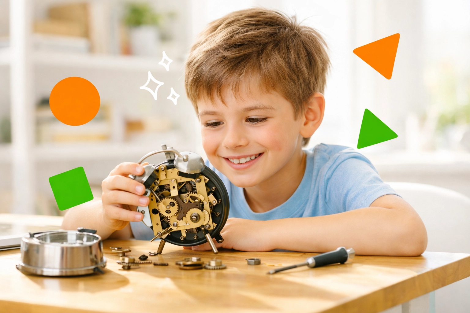 A young boy exploring mechanics with an old clock, practicing productive life skills instead of screen time.