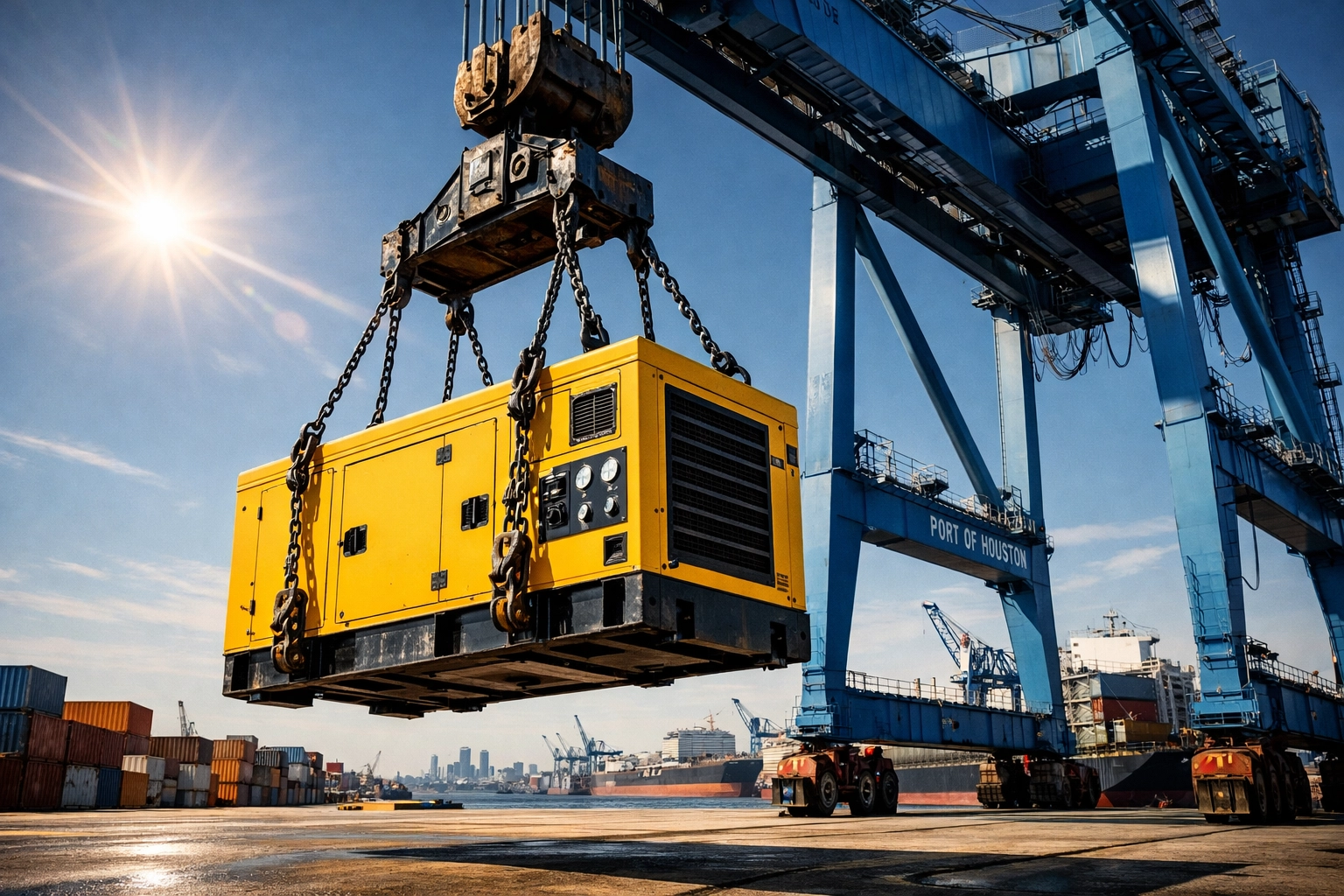 Heavy machinery shipping at a busy terminal representing expert industrial procurement logistics.