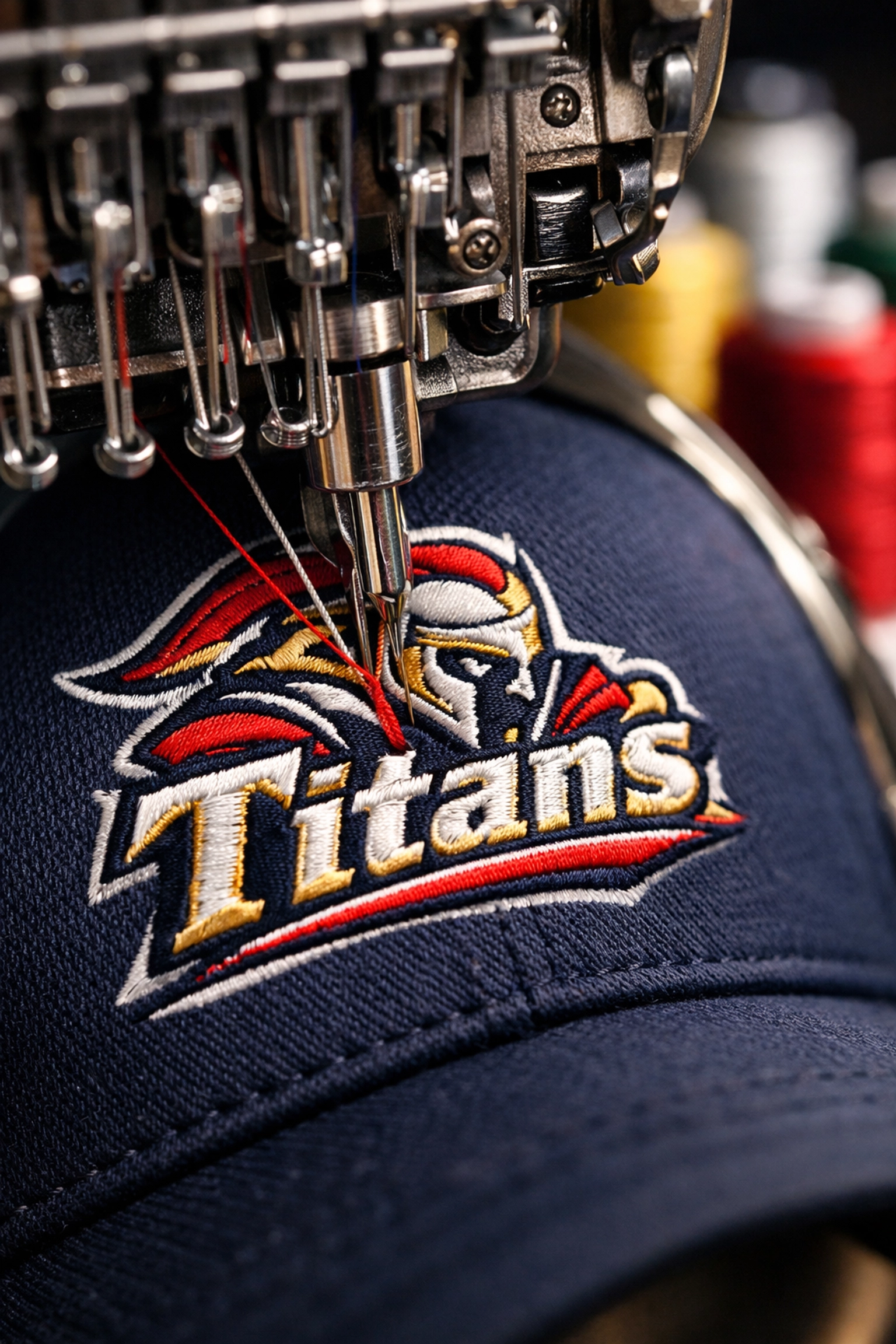 Embroidery machine stitching custom logo on team cap showing quality craftsmanship