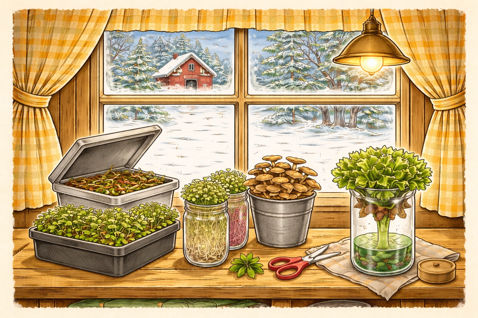 Cozy kitchen counter with microgreens, a mushroom bucket, and a small hydroponic setup beside a snowy window (storybook illustration, no people).