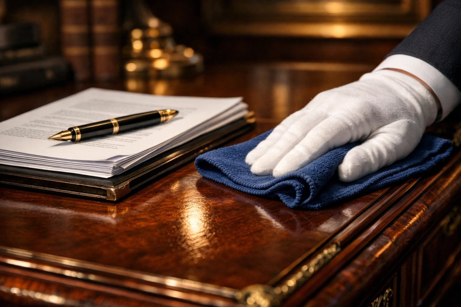 Gloved hand cleaning a mahogany law office desk while maintaining strict document confidentiality protocols.
