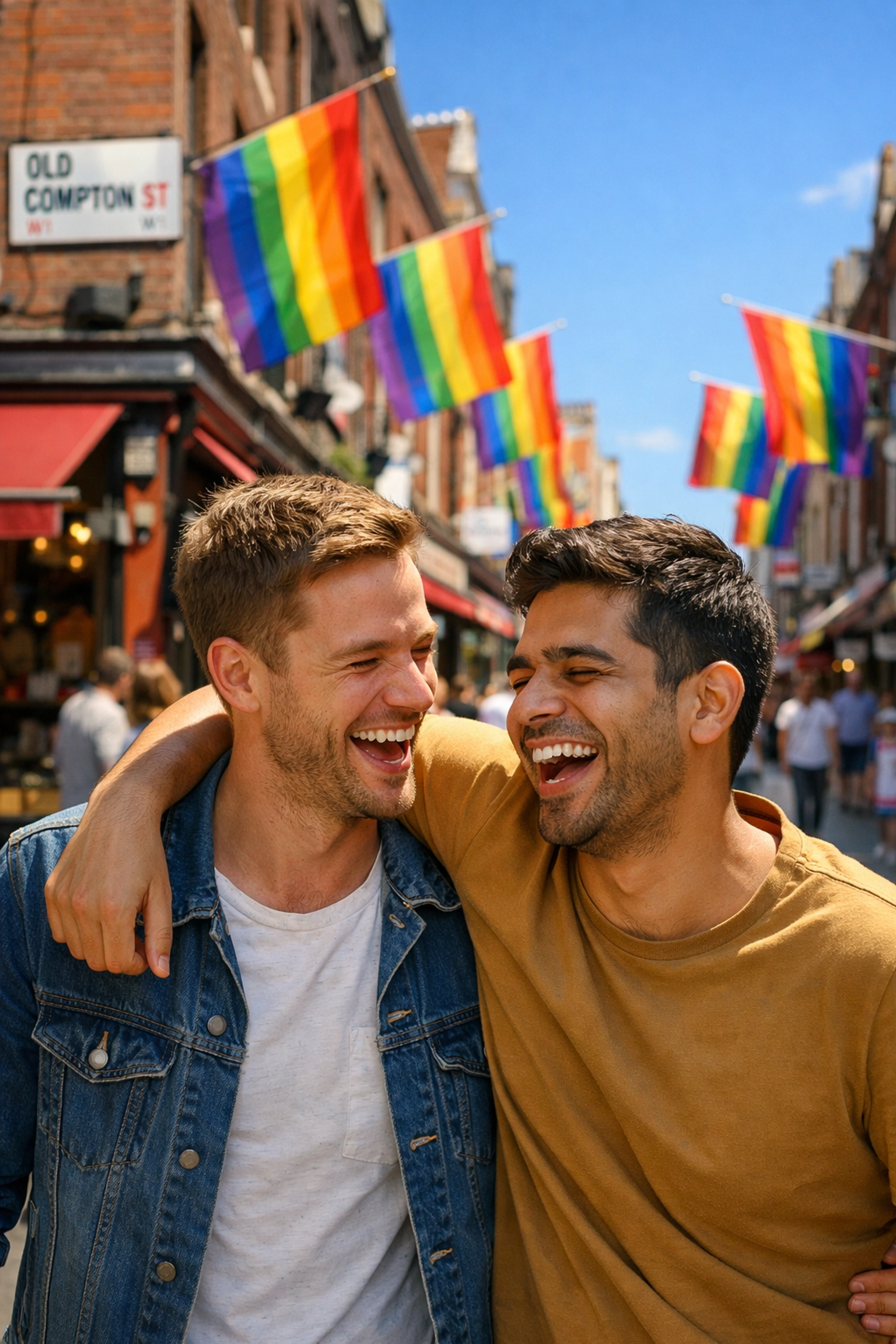 A happy gay couple walking past pride flags on Old Compton Street in the heart of Soho.