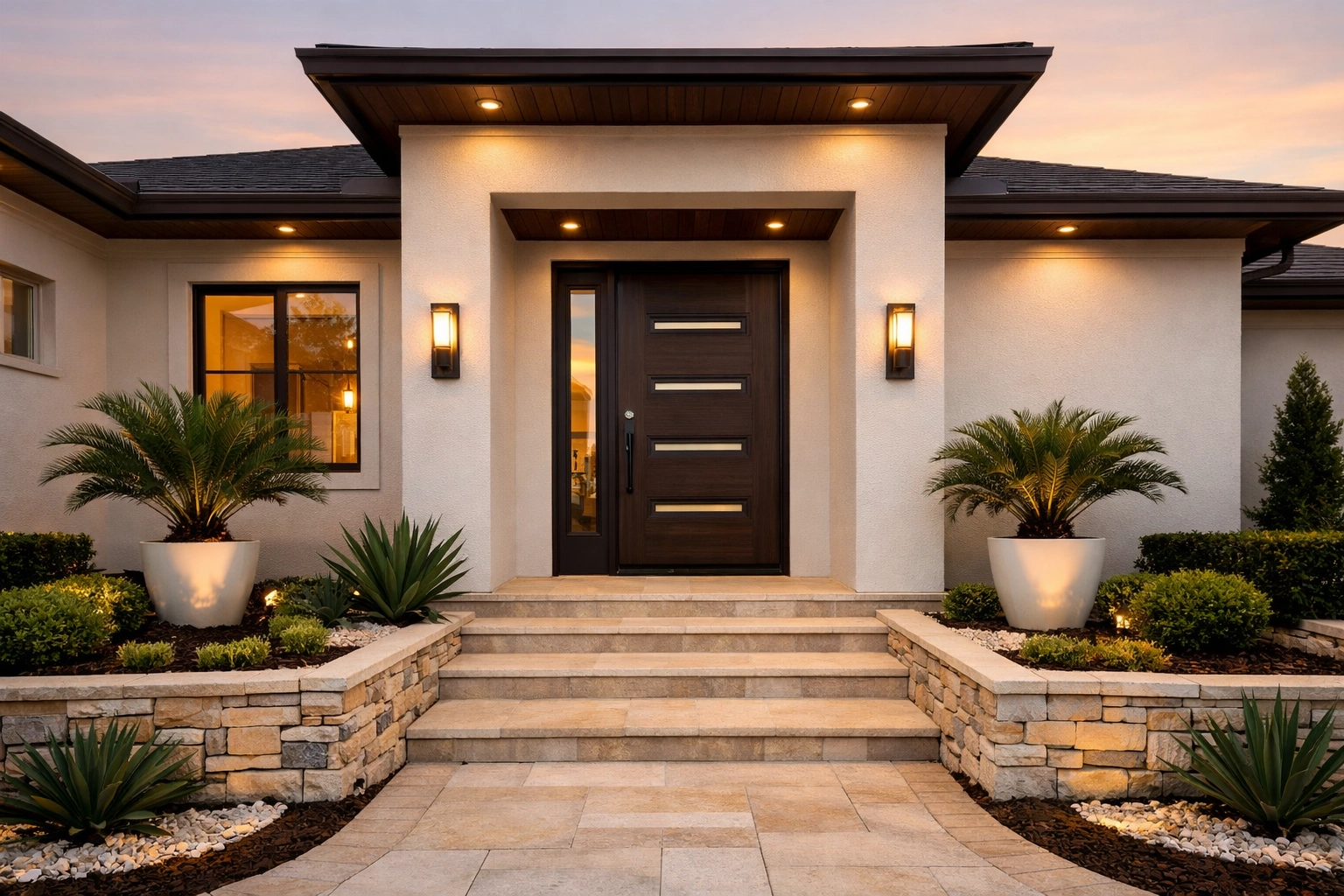 Renovated Orlando home exterior featuring modern curb appeal, manicured landscaping, and a custom wood door.