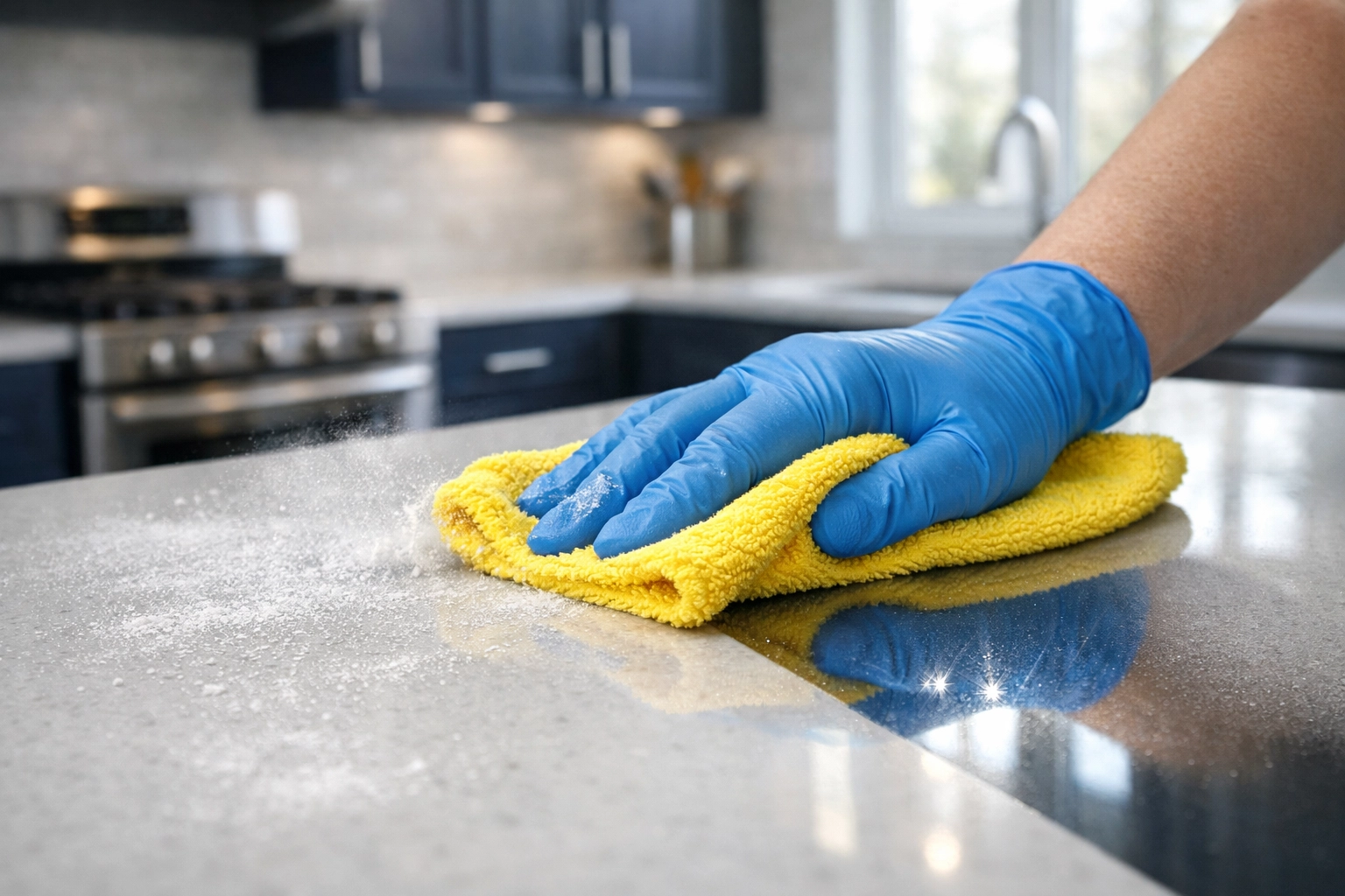 Professional post construction cleaning Hudson showing dust being wiped from a modern kitchen counter.