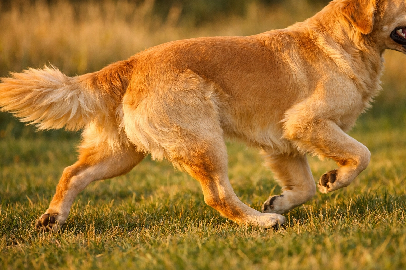 Healthy Golden Retriever running through Oregon field showing strong hip movement