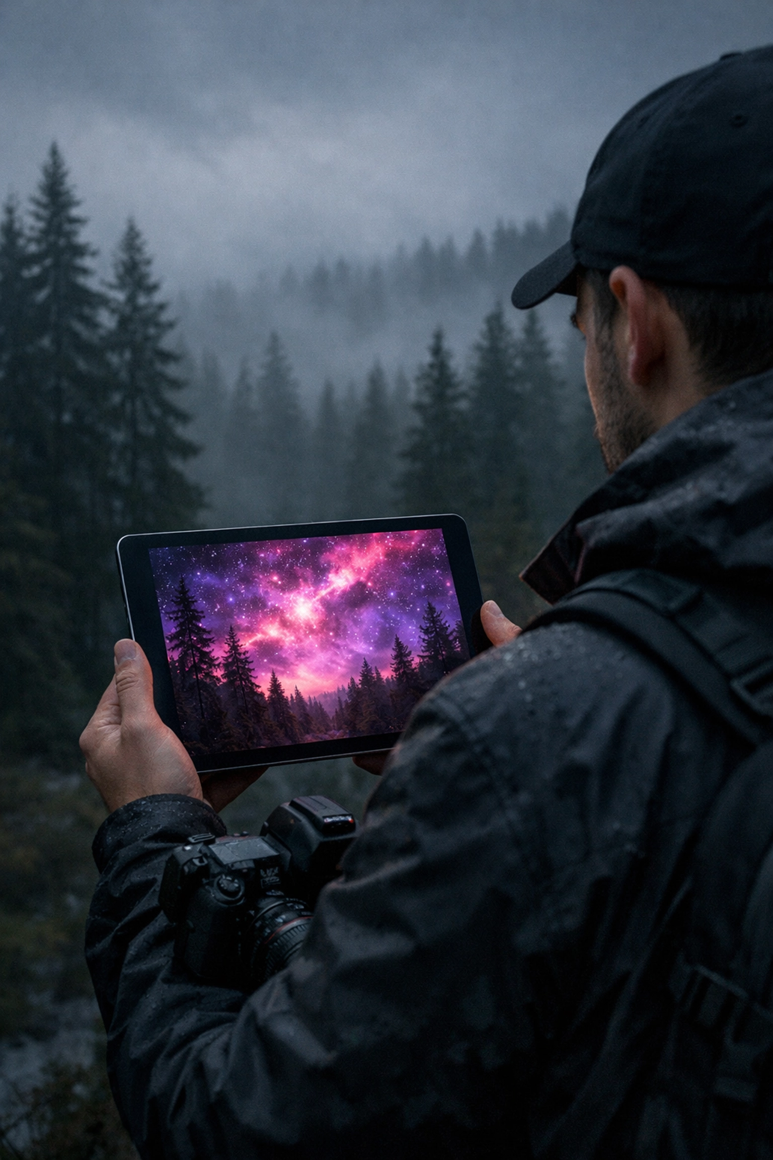 Photographer using a tablet to create ethereal imagery by swapping skies in a forest landscape.
