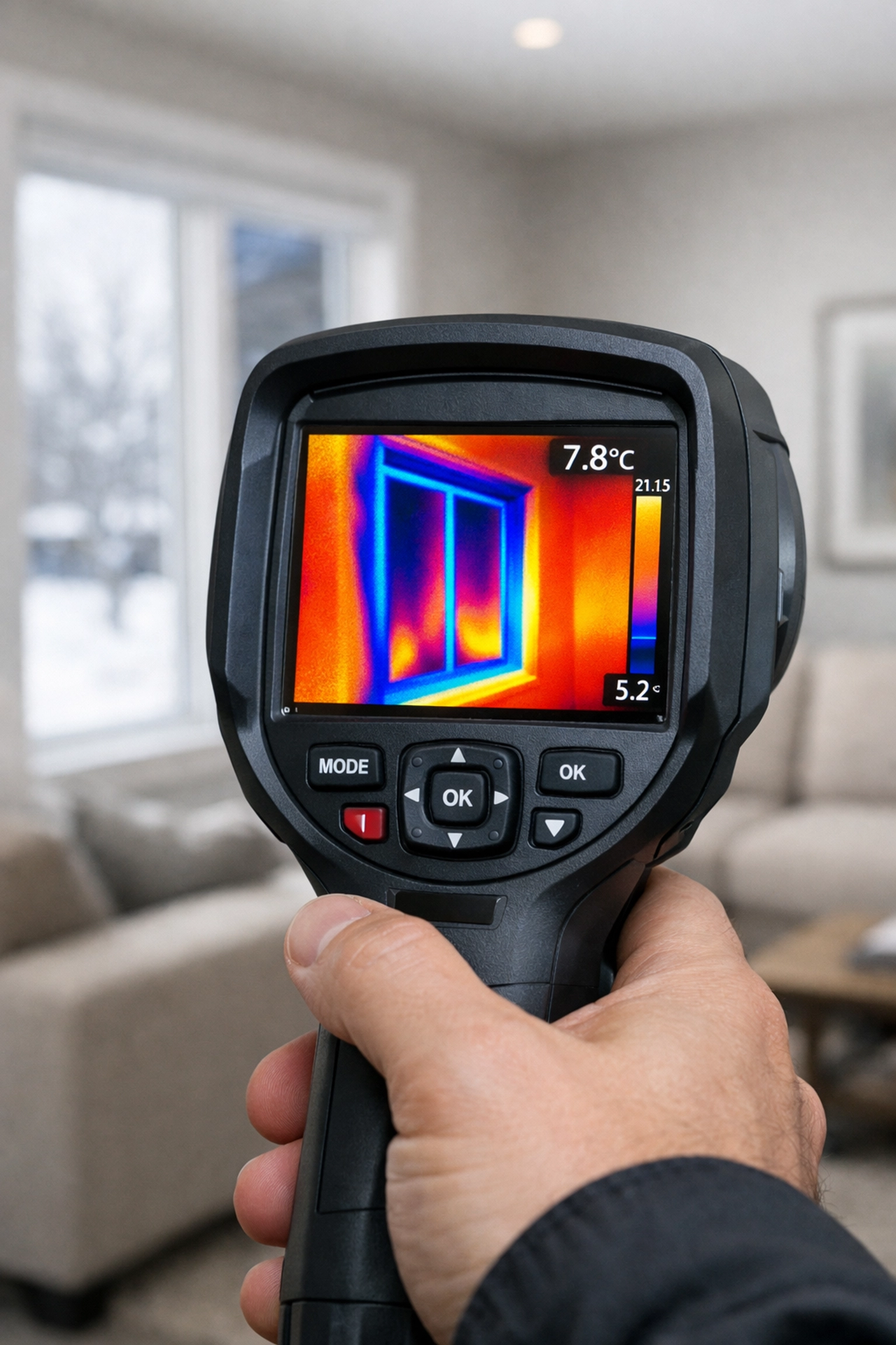 Professional thermal imaging showing heat loss and cold air leaks around a window in an Edmonton home.