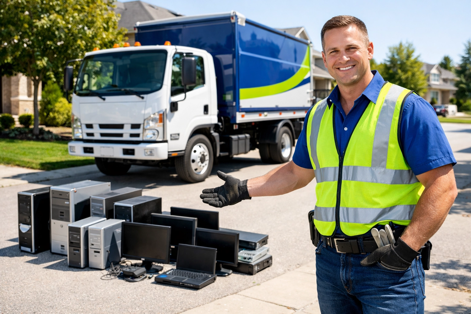 Disposing of E-Waste in Innisfil: Don't Just Throw it Away Roman sorting old computers and monitors for disposing of e-waste Innisfil in a residential driveway.