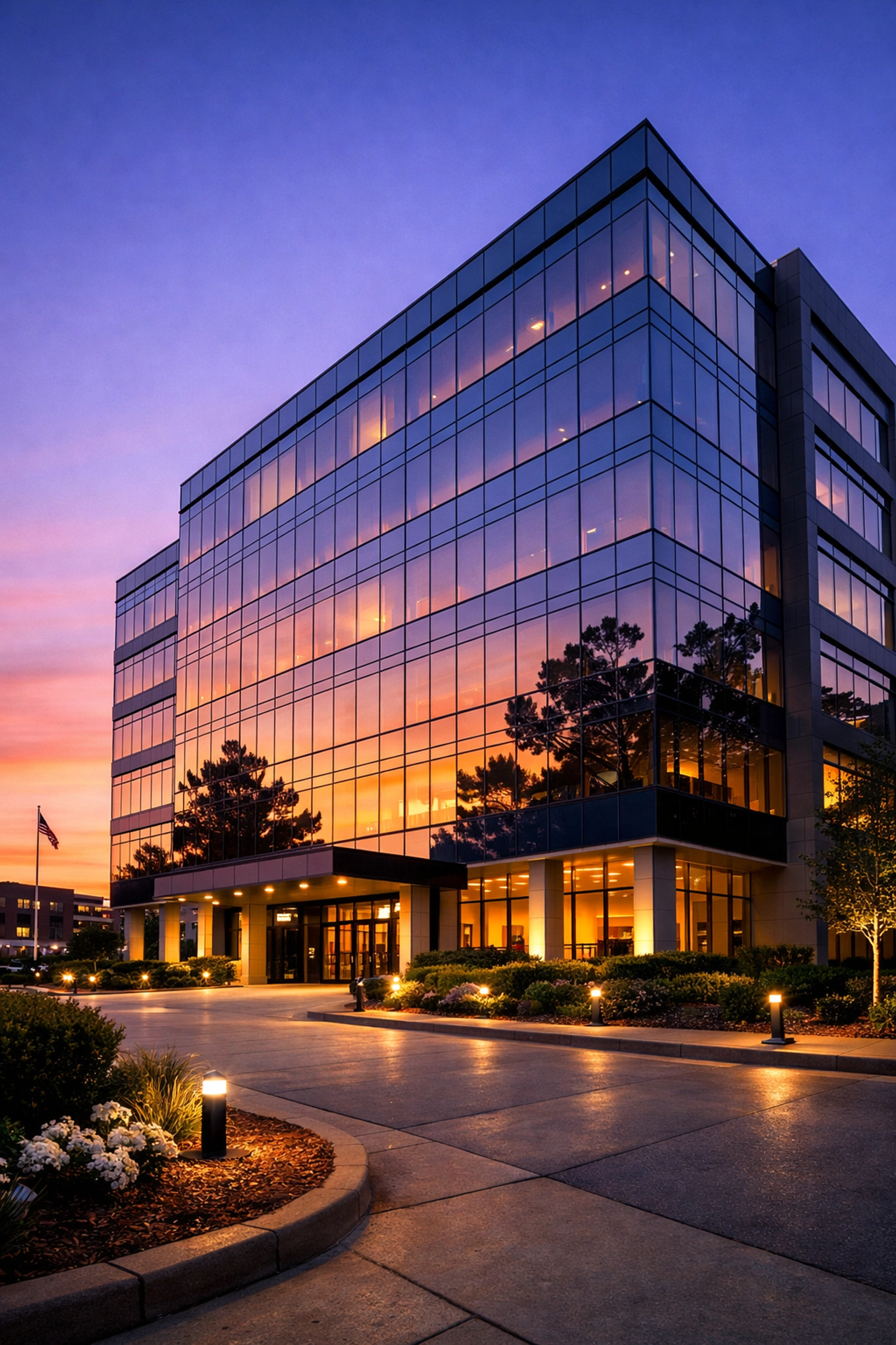 Professional commercial building in Mississippi at sunset representing a successful business exit and growth.