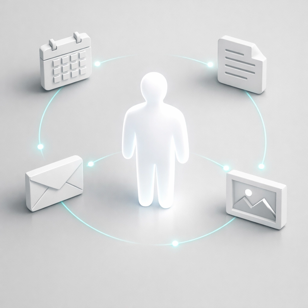 Visualization of Google Personal Intelligence connecting user data from Gmail and Calendar for AI search.