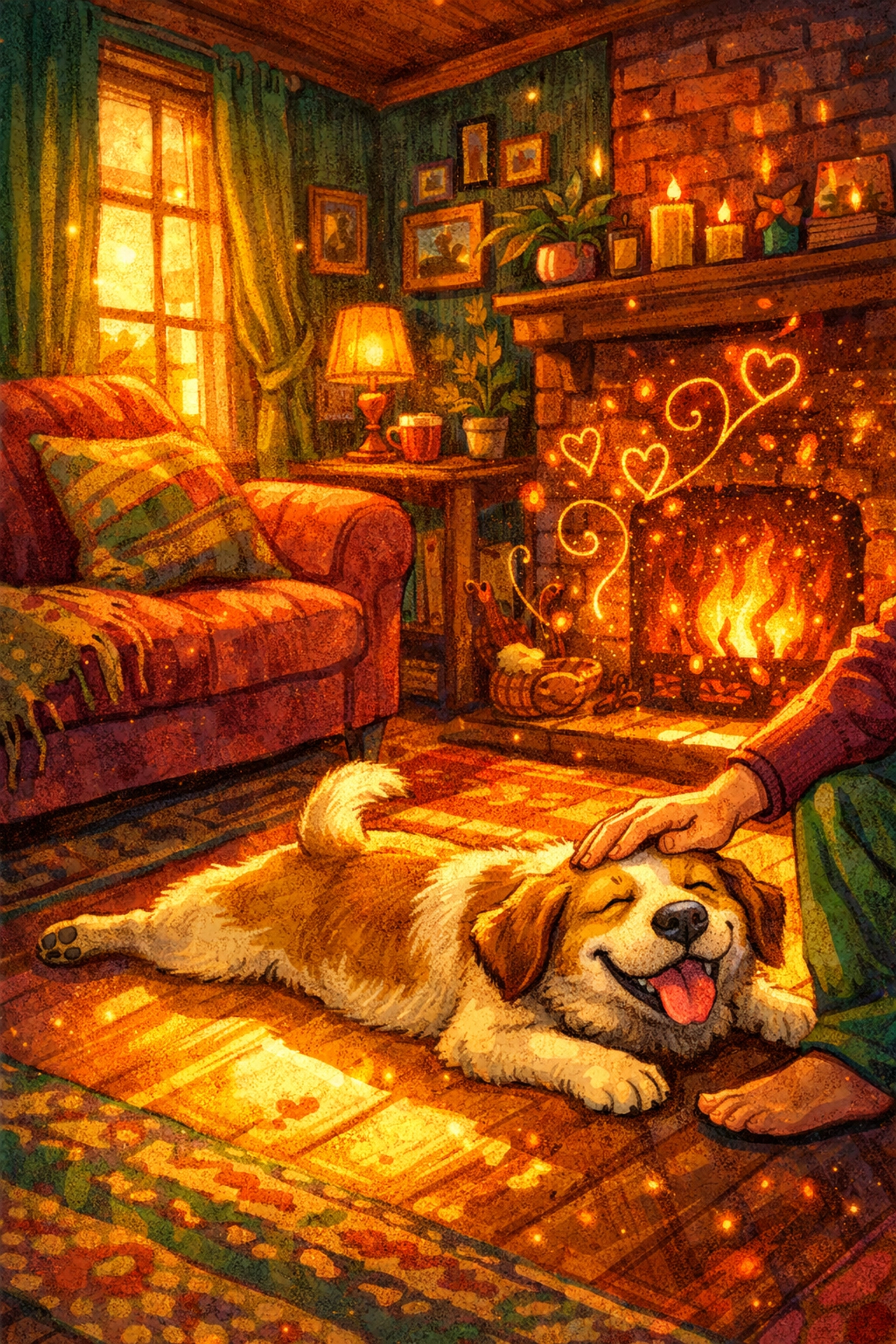 A happy dog relaxing in a sunny living room with its owner after visiting a dog rescue near me.