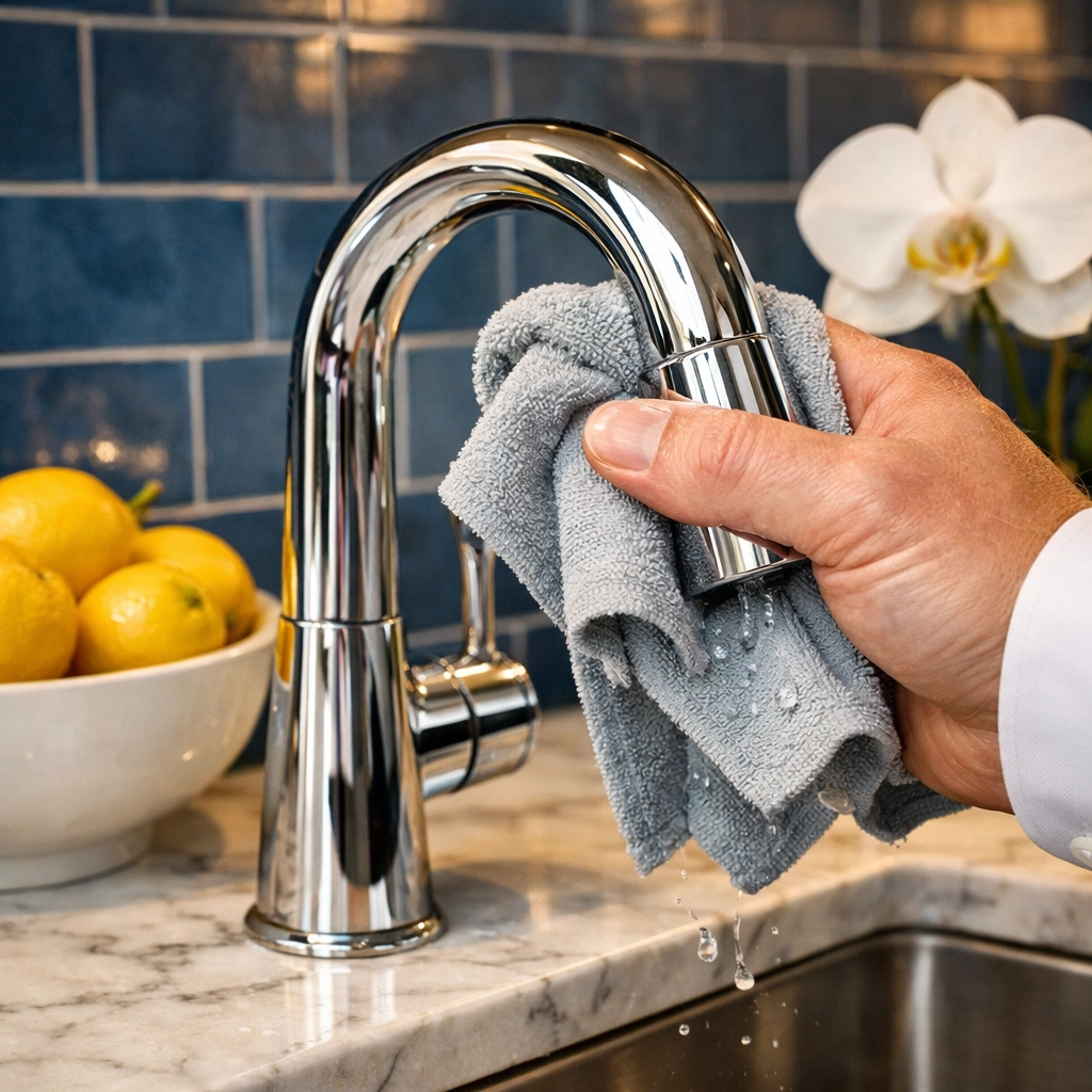 Detail-oriented house cleaning Worcester MA focusing on polishing fixtures in a luxury kitchen.