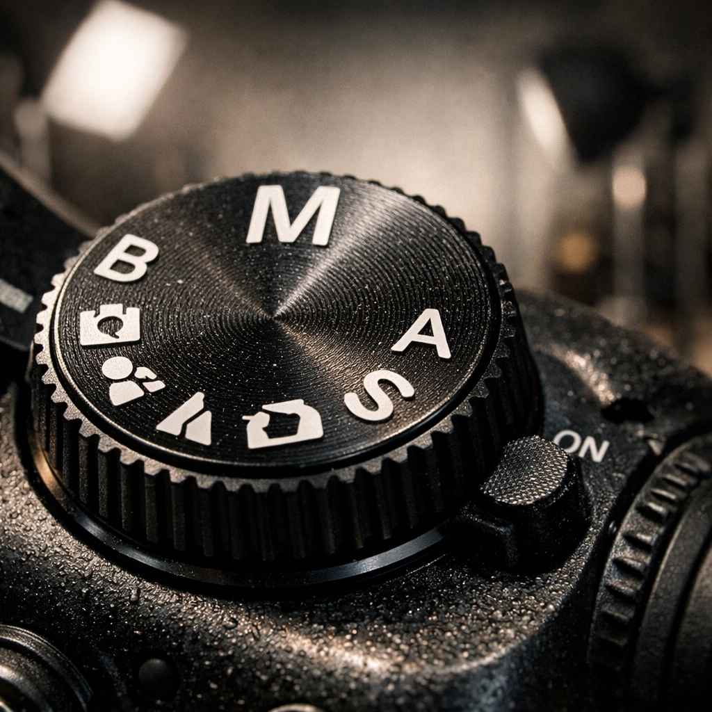 A DSLR camera mode dial set to M position to master manual mode and stop relying on auto settings.