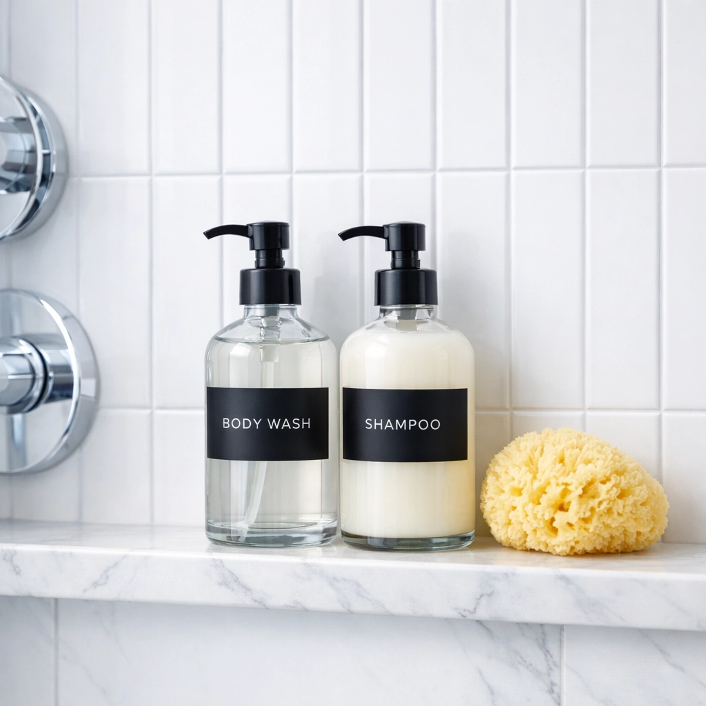 Liquid body wash dispensers on a marble ledge to prevent soap scum in the shower.