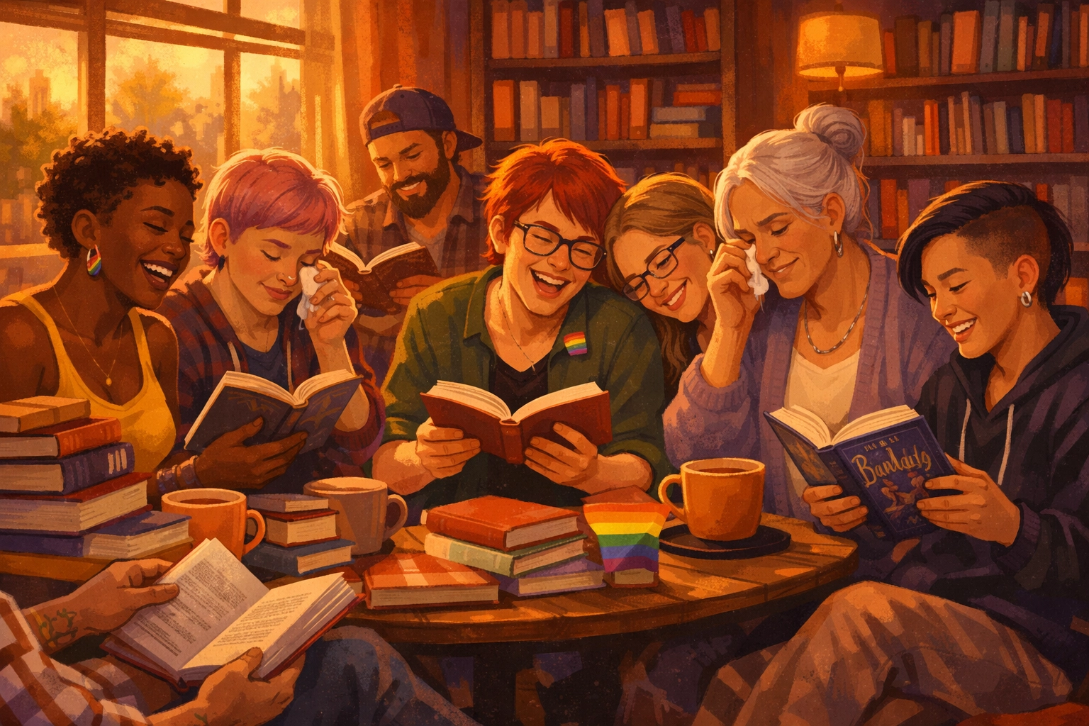 Diverse LGBTQ+ community enjoying authentic queer fiction in bookstore