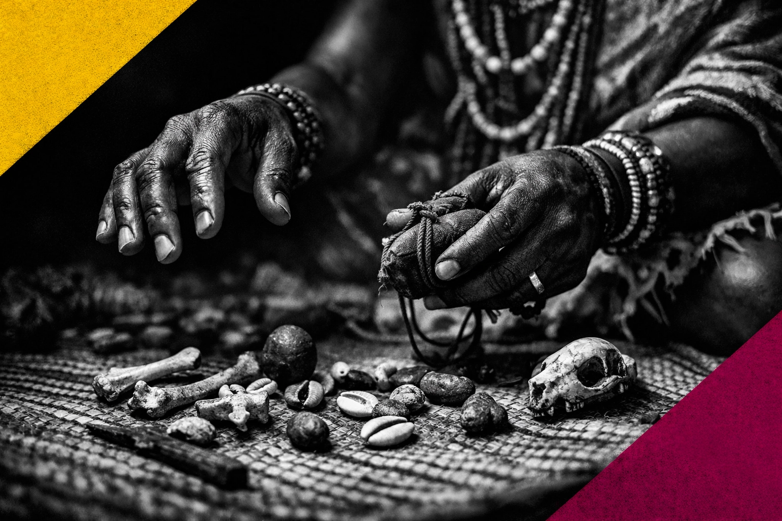 Traditional African healer hands performing divination ritual with sacred objects