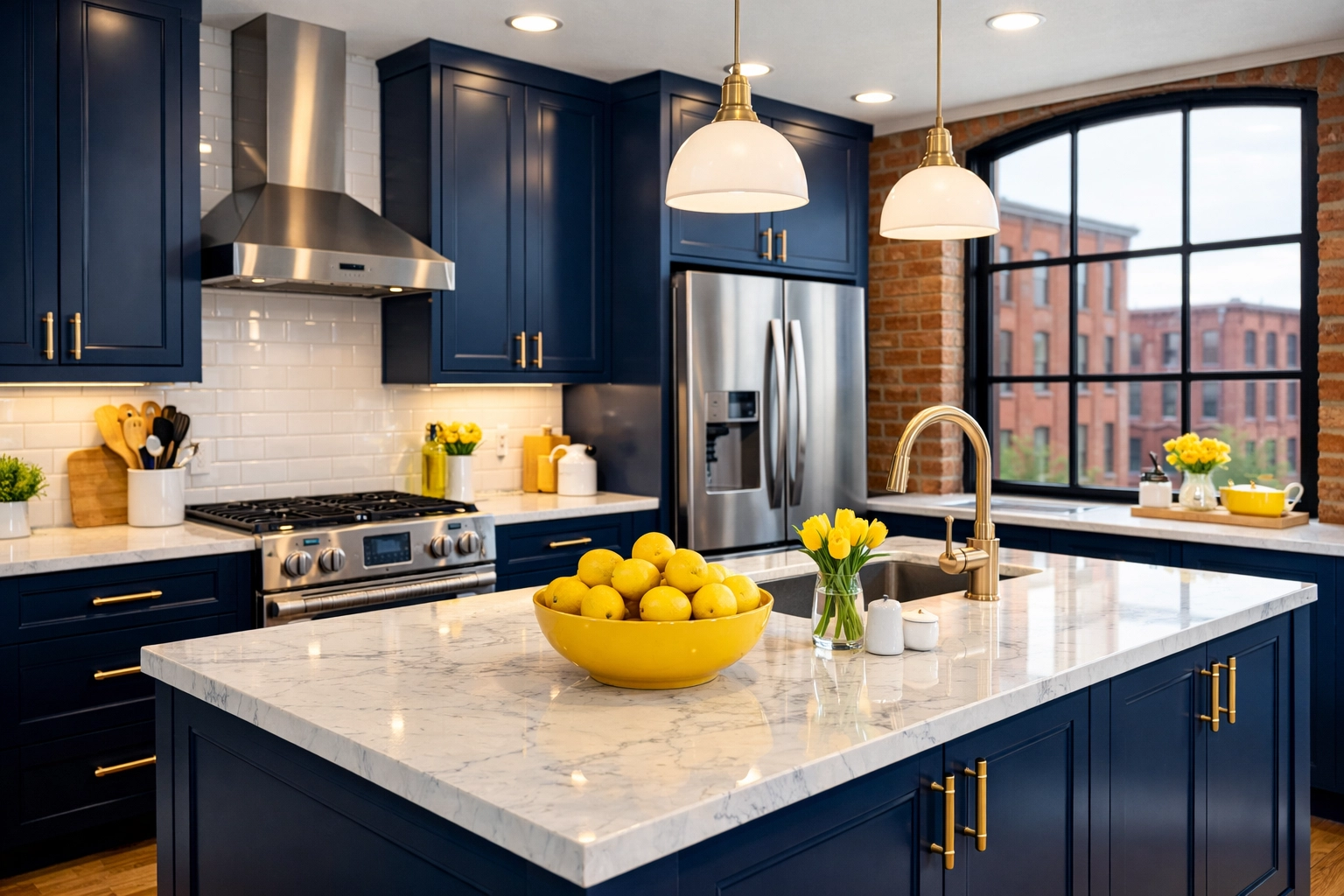 Sparkling clean kitchen with marble counters and blue cabinets showcasing deep cleaning Lowell results.