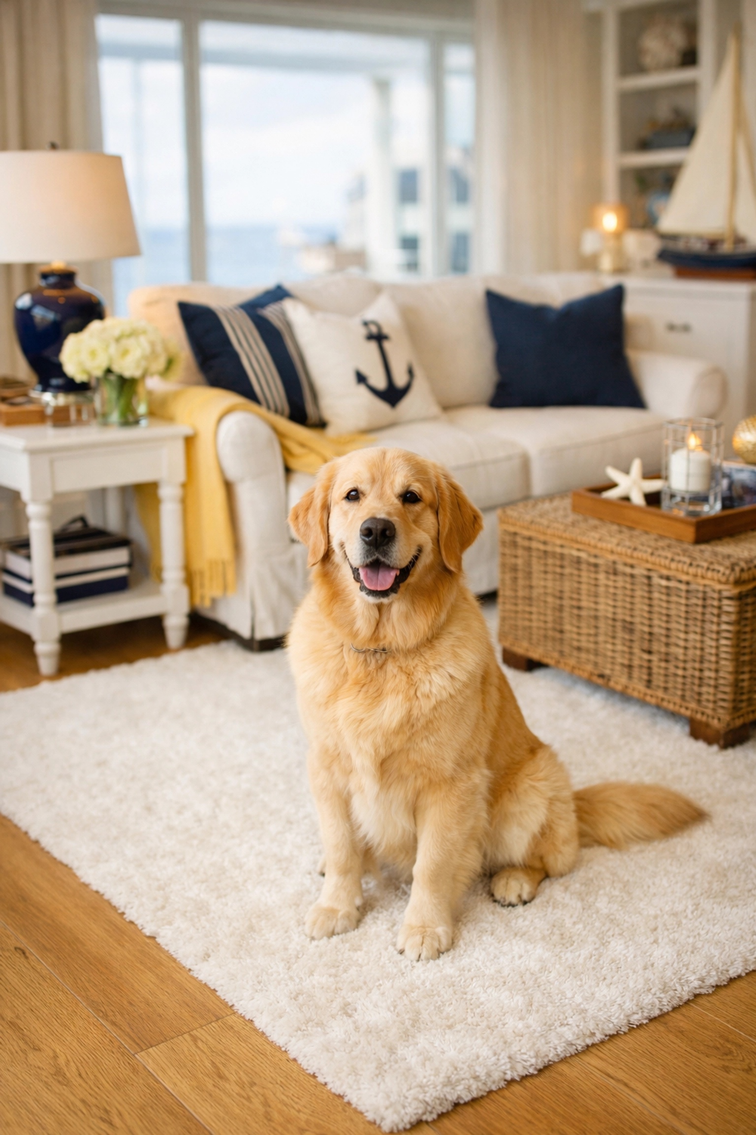A professional cleaning service in Hingham provides pet-friendly care for luxury homes with spotless white area rugs.
