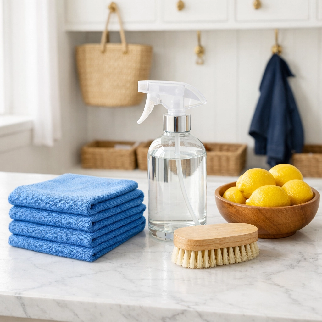 Eco-friendly baseboard cleaning supplies including microfiber cloths and a brush on a marble countertop.