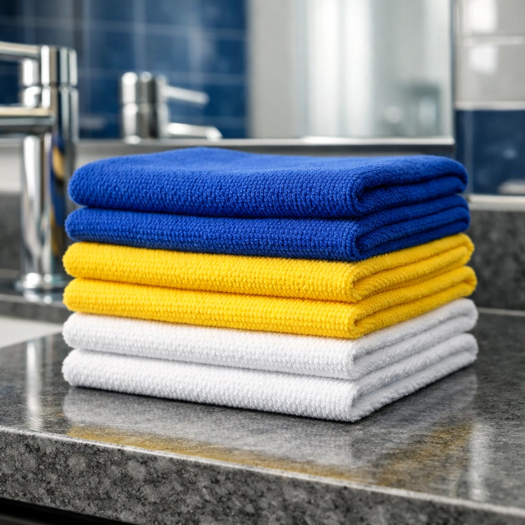 Color-coded microfiber cloths on a clean bathroom vanity for sanitary house cleaning Pepperell MA.