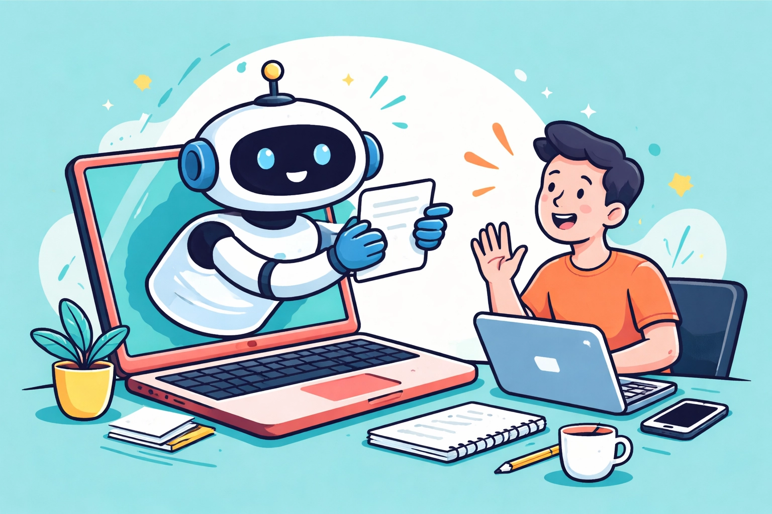 Illustration of a friendly AI assistant helping a small business owner use Google Ads Advisor tools at their desk.