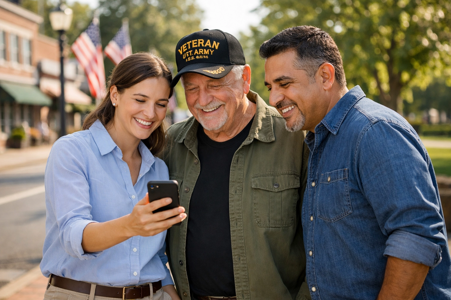 Personal Leadership Matters: Why I Send a Message to Every American Every Single Day Community members on a patriotic street using a smartphone to stay informed on local veteran initiatives.