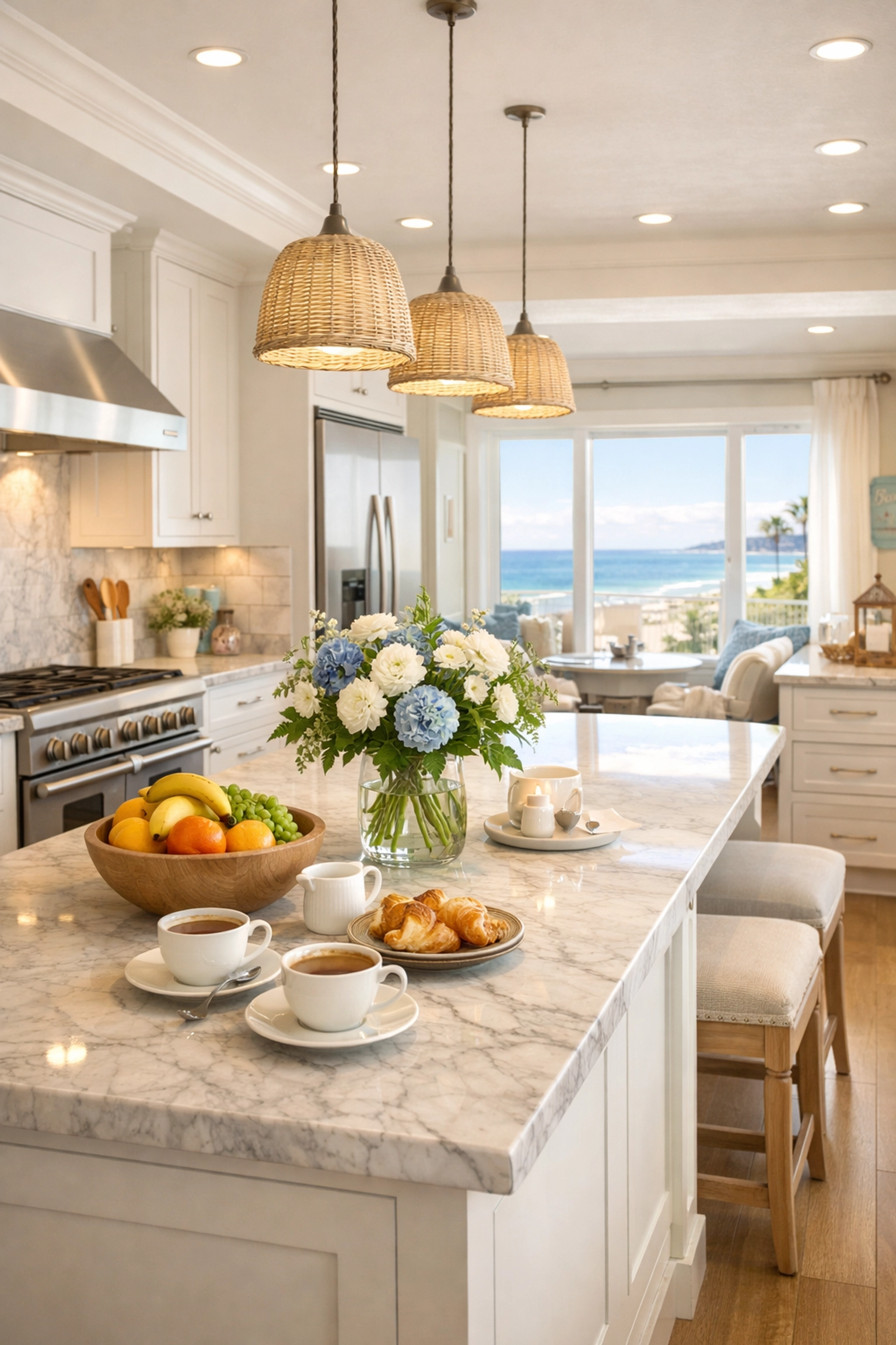 Gourmet kitchen in Bolivar Peninsula luxury vacation rental with marble countertops and ocean views