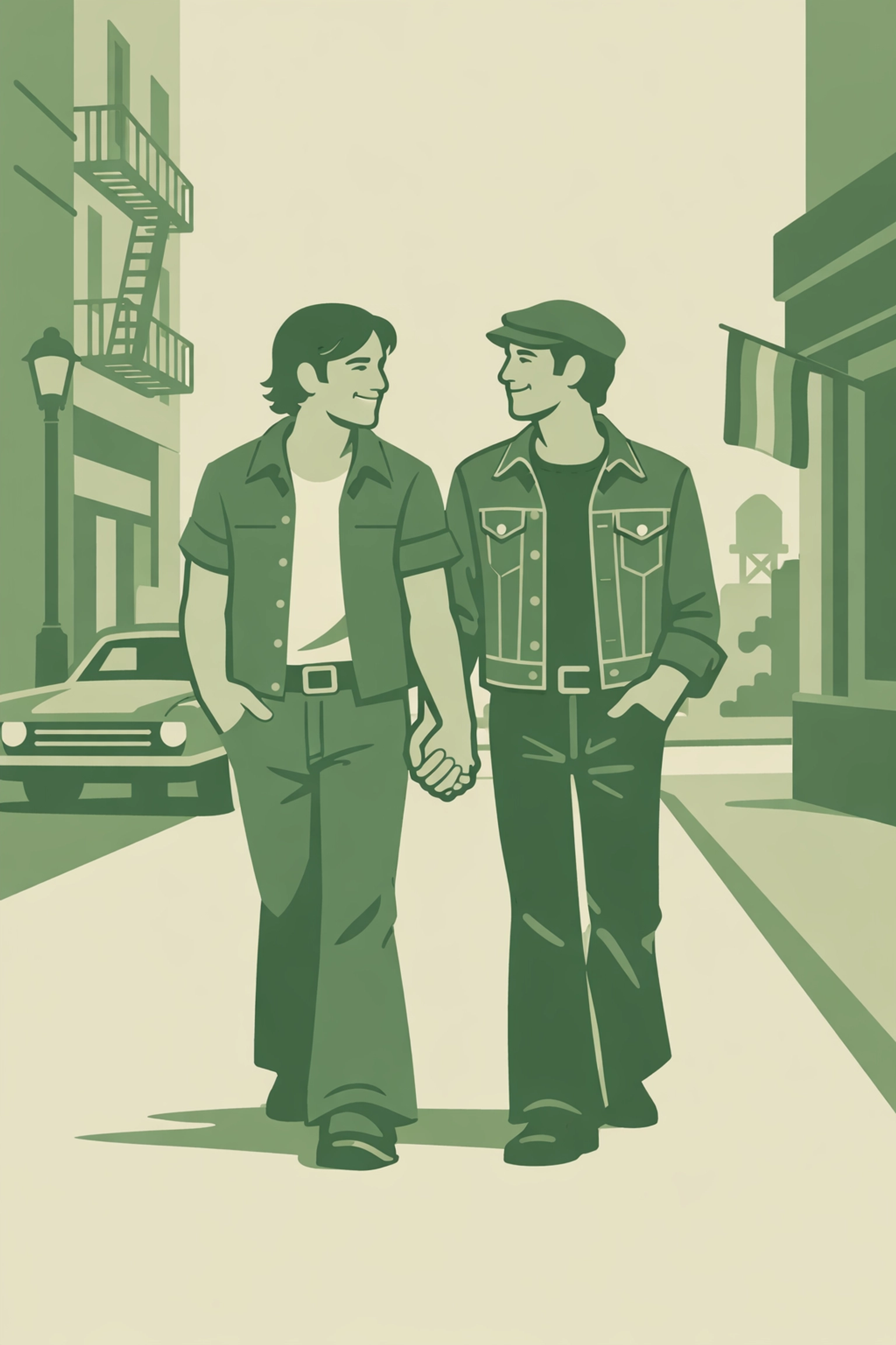 Two men walking hand-in-hand in 1970s setting from historical MM romance novel