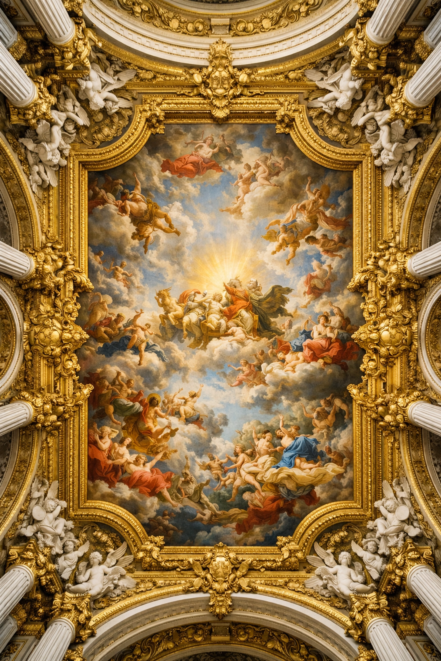 Detailed Baroque ceiling fresco at Versailles, a stunning photo spot for architectural photography.