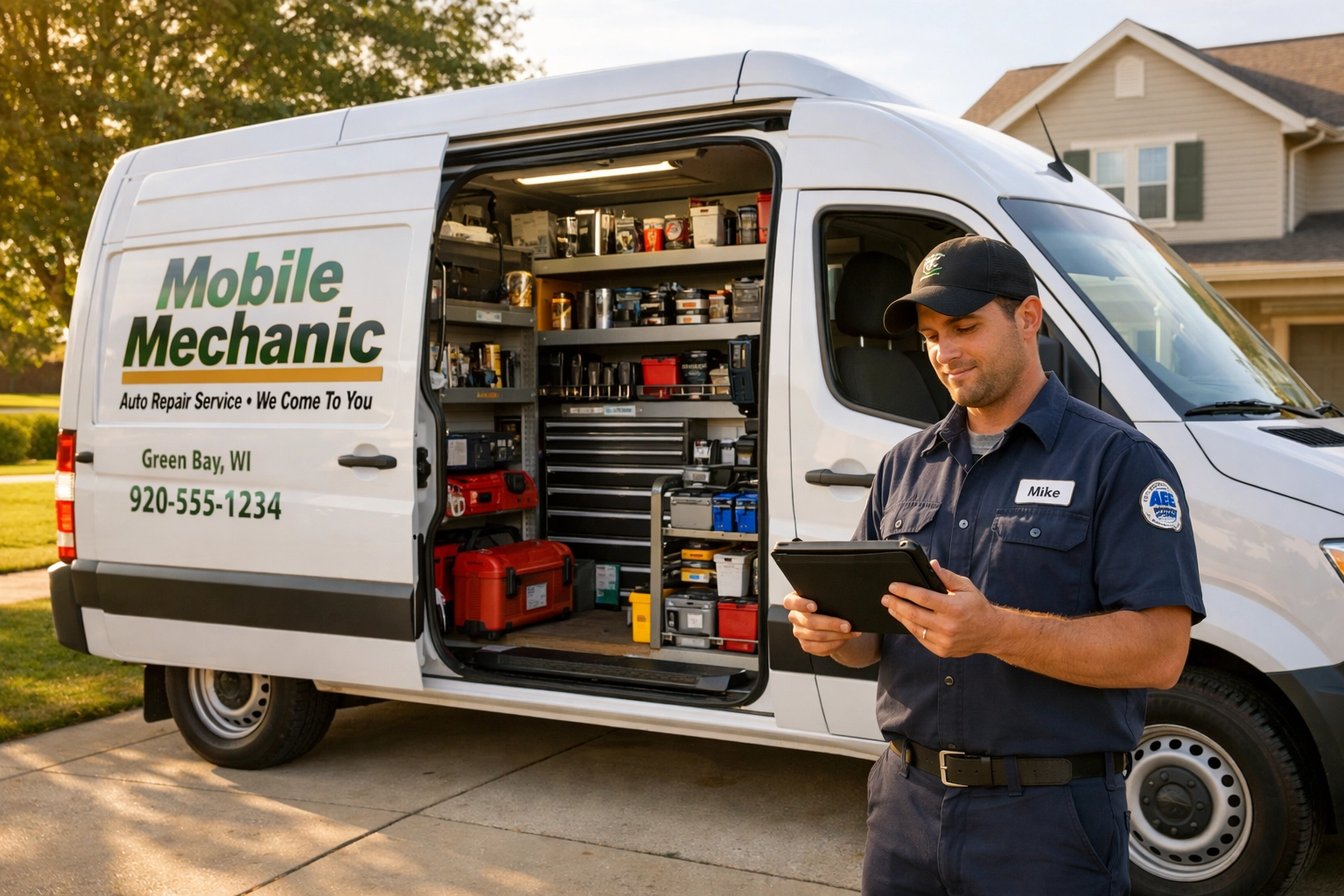 Mobile mechanic van with open doors showing tools parked in Green Bay residential driveway