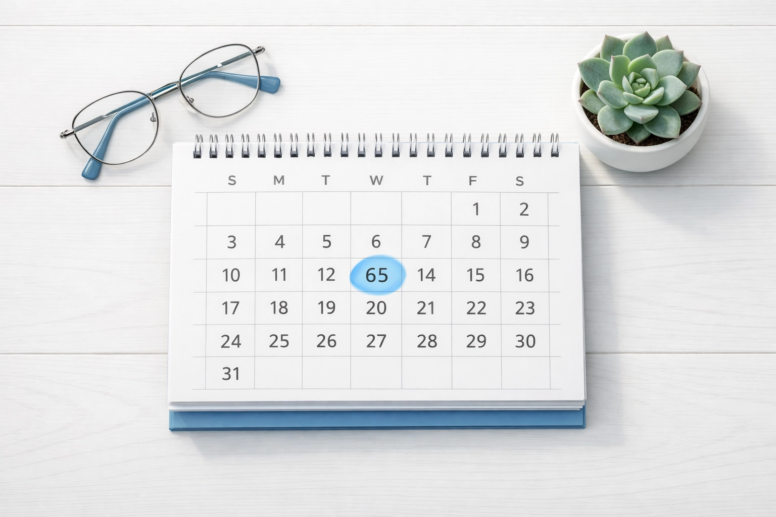 Desk calendar with 65 circled, highlighting the Medicare enrollment window for new seniors.