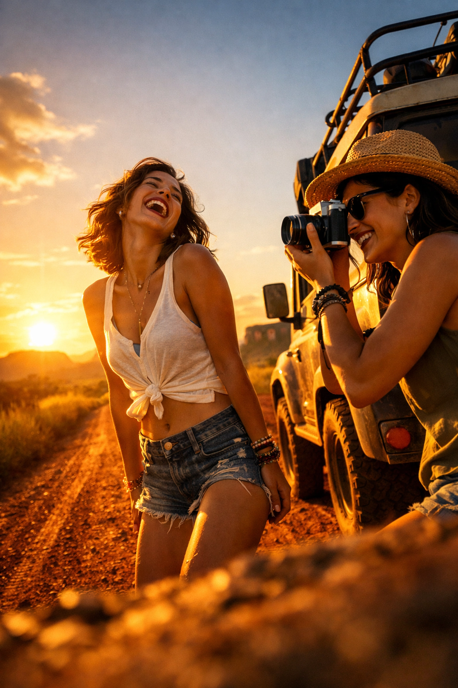 Two women on a road trip in the Brazilian highlands at sunset, illustrating Latin American gay contemporary romance.