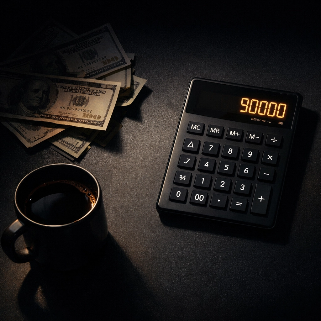 Calculator showing $90,000 SDR cost with cash and coffee on desk representing startup hiring budget