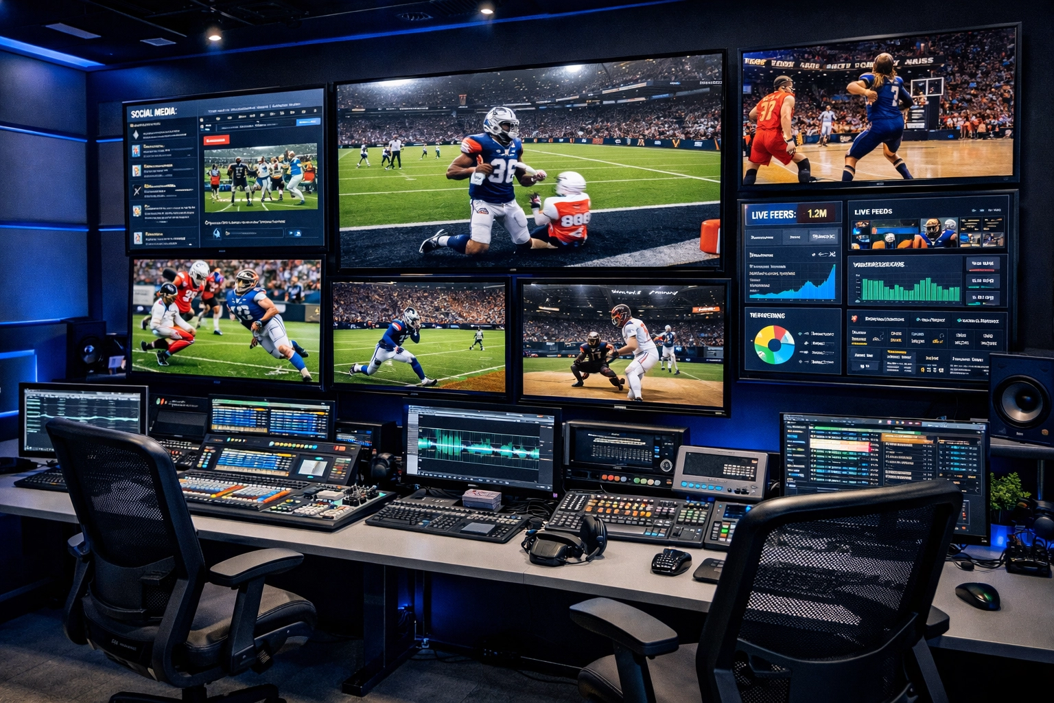 Sports media control room with multiple monitors displaying game footage and content dashboards