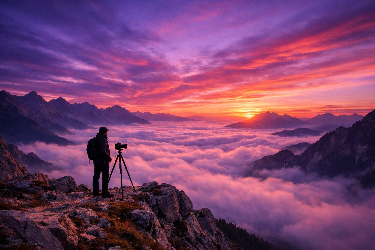 Photographer on a mountain ridge at sunset, capturing professional work for a photography portfolio.