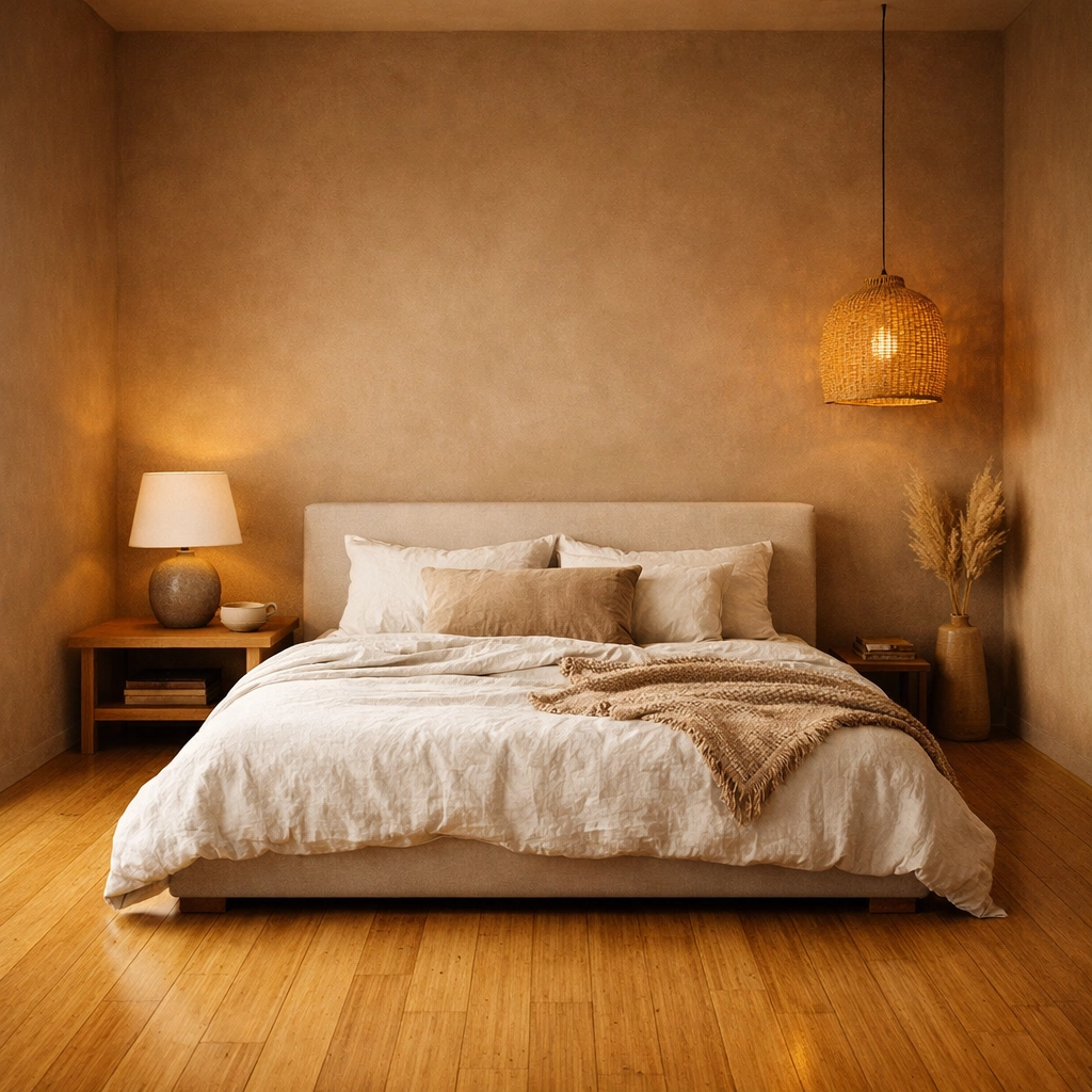 Minimalist bedroom featuring sustainable bamboo flooring and breathable natural matte clay wall paint.