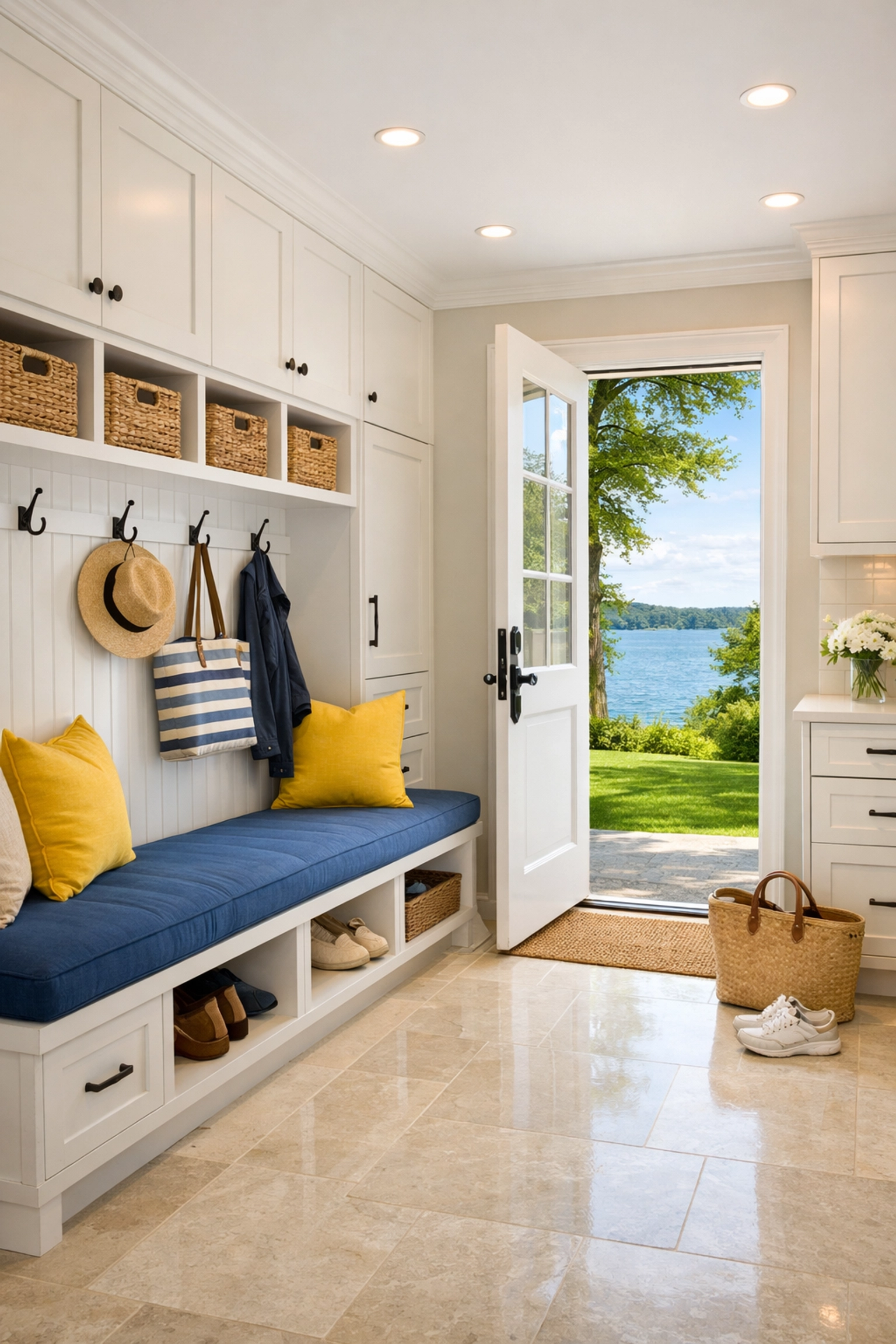 Pristine lakeside mudroom in Shrewsbury reflecting high home value through expert house cleaning.