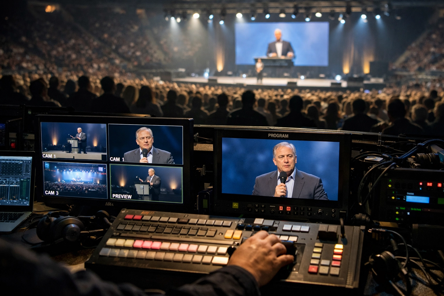 Technical production booth managing live audiovisual feeds and show flow for a global arena event.