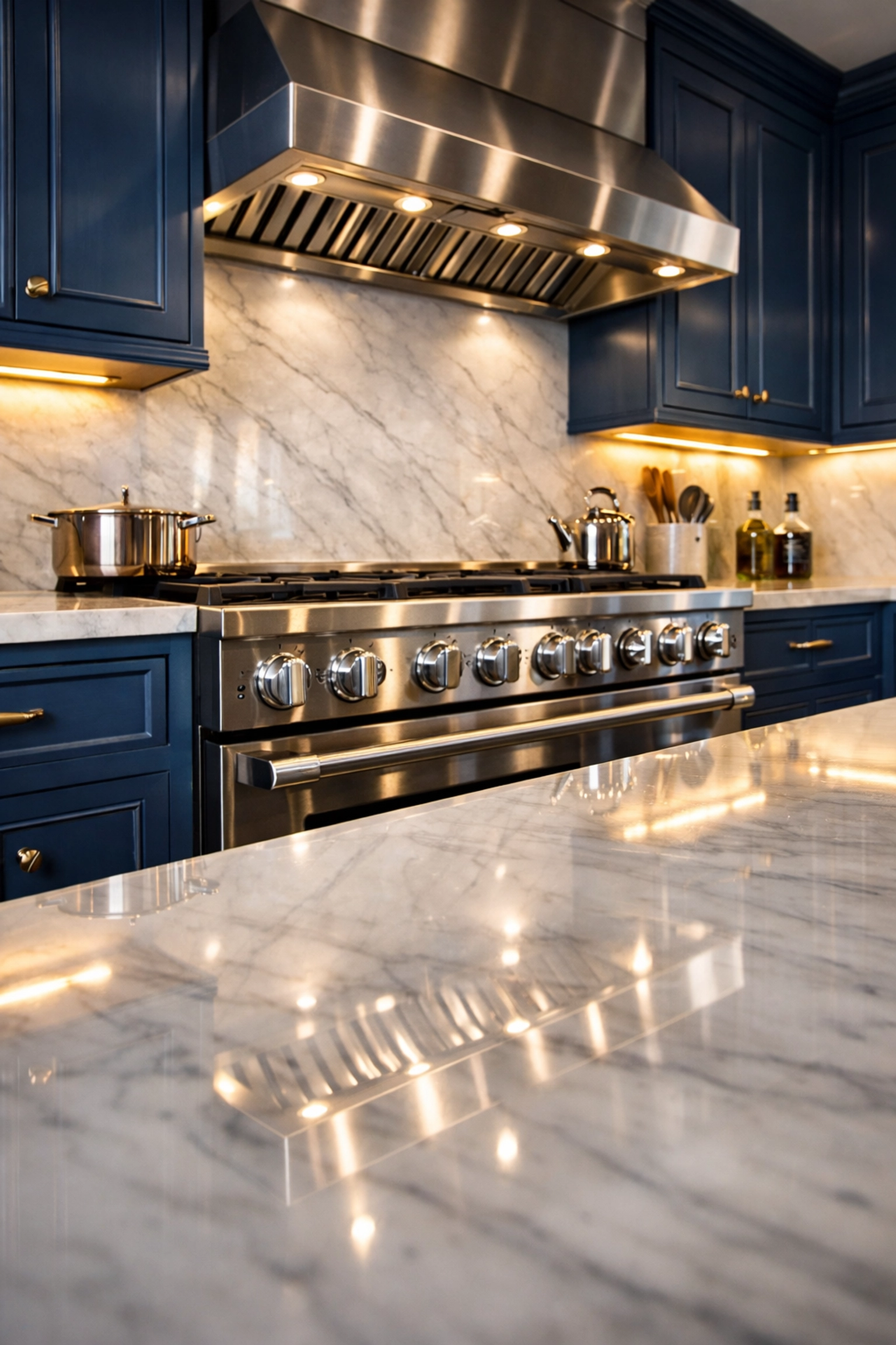 Detail of a professionally cleaned high-end kitchen with spotless stainless steel and marble surfaces.