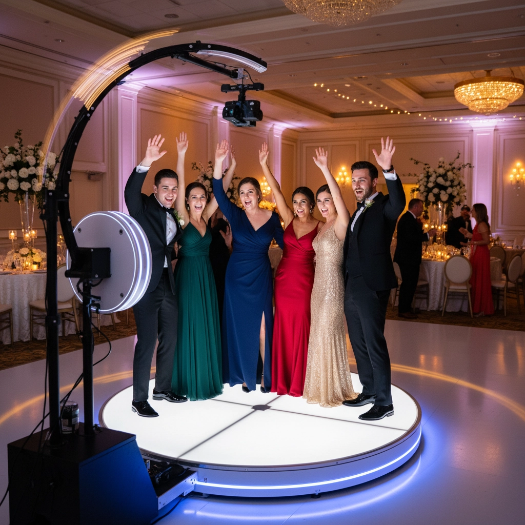 People in elegant attire pose joyfully on a lit platform at a formal event, surrounded by chandeliers and floral decorations in a ballroom.