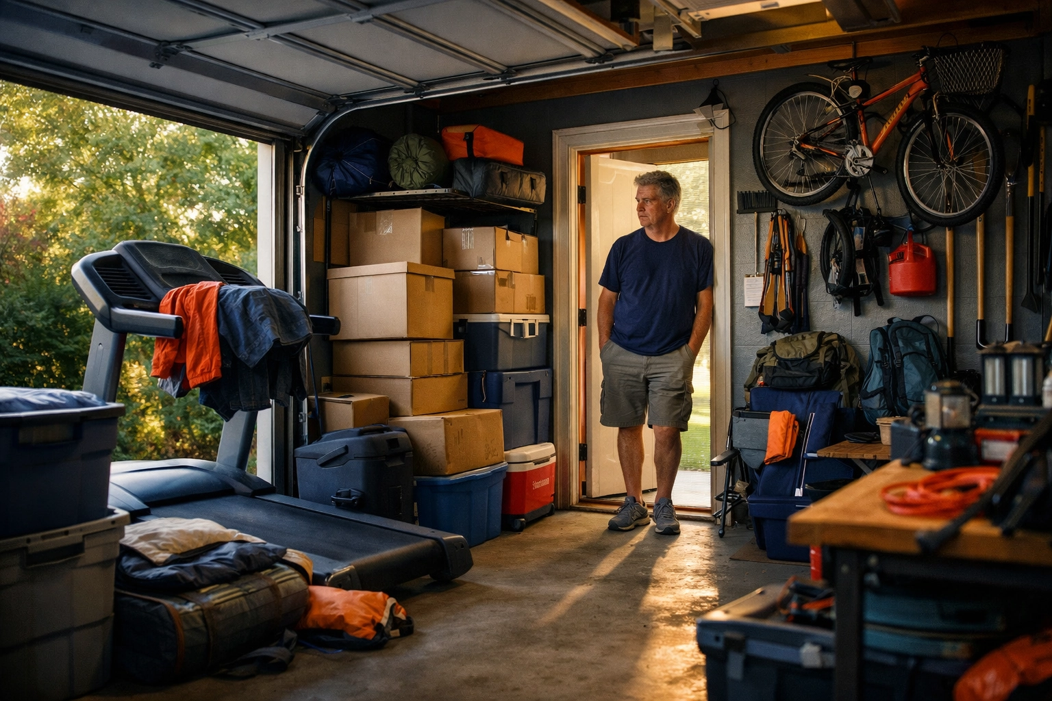 Homeowner looking at cluttered garage filled with unused items like treadmill, bikes, and camping gear