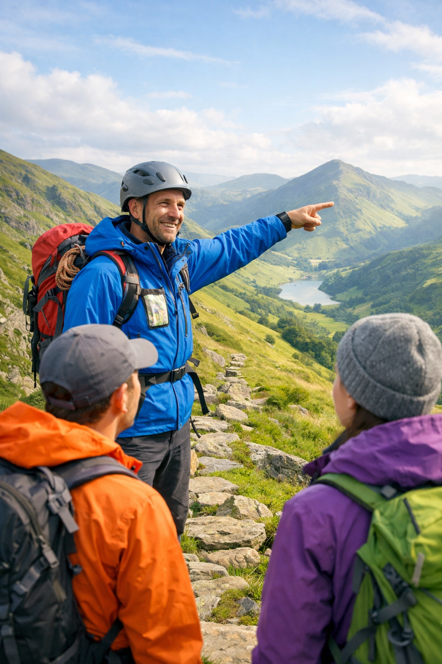 Professional mountain guide leading a group on a guided hiking tour in the UK Lake District fells.