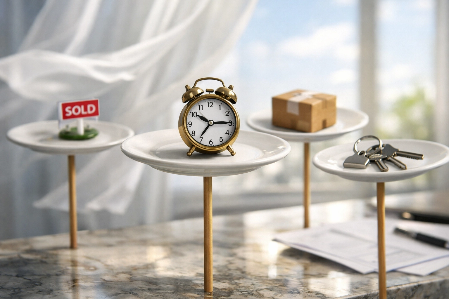 Plates with house keys and clocks spinning on poles, symbolizing timing and lead management in real estate.