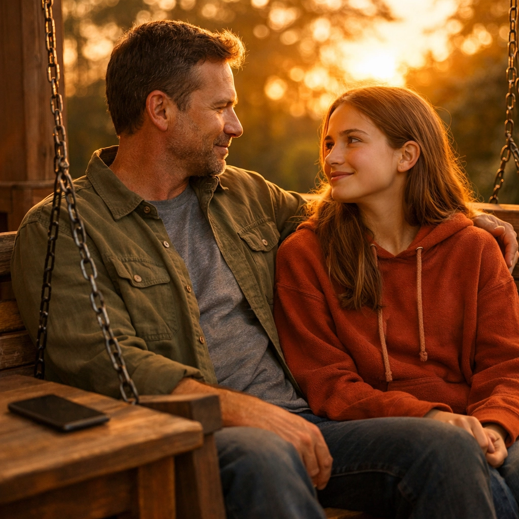 A father and teenage daughter having a grace-centered conversation about mental health on a porch swing.
